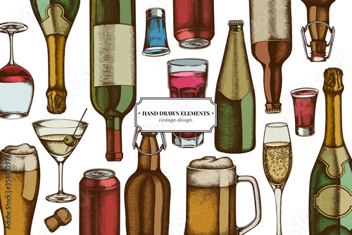 Colored elements design with glass, champagne, mug of beer, alcohol shot, bottles of beer, bottle of wine, glass of champagne, glass of wine, glass of martini, aluminum can