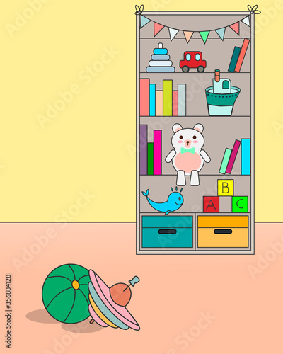 A cupboard with toys and books is standing near the wall, on the floor on the carpet are a ball and a yule cartoon vector