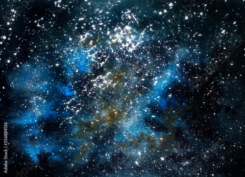 Space hand drawn watercolor background texture. Abstract deep blue gold galaxy with star splash painting. 