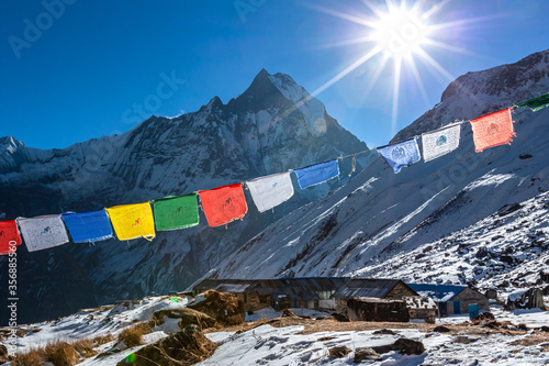 Annapurna base camp view of Machapuchre mountain. Nepal Himalayas  photo