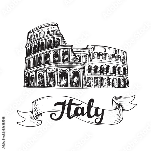 Hand drawn sketch illustration with the sights of Italy on a white background. Travels item