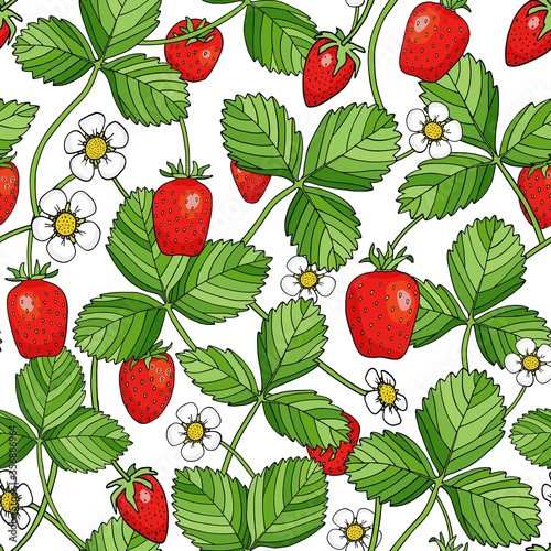 Sweet strawberry with leaves and flowers seamless pattern. Colorful cartoon vector illustration. Bright plants and red berries isolated on white background for package, print, wrapping, wallpaper.