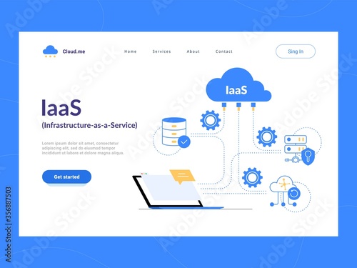 IaaS: Infrastructure as a Service first screen. Flexible cloud computing model. Virtual data center resources on demand. photo