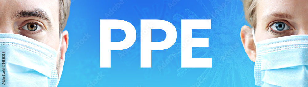 PPE – Personal Protective Equipment. Faces of man and woman with face mask. Couple wearing respirator. Blue background with text. Corona, Virus PPE – Personal Protective Equipment. Faces of man and woman with face mask. Couple wearing respirator. Blue background with text. Corona, Virus
