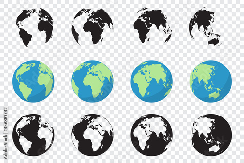 Set of Planet Earth icons in three different versions. Collection of Planet Earth icons