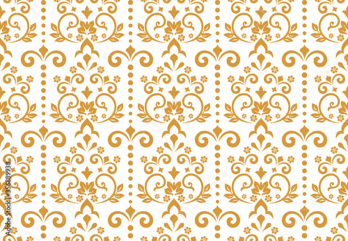 Wallpaper in the style of Baroque. Seamless vector background. White and gold floral ornament. Graphic pattern for fabric, wallpaper, packaging. Ornate Damask flower ornament