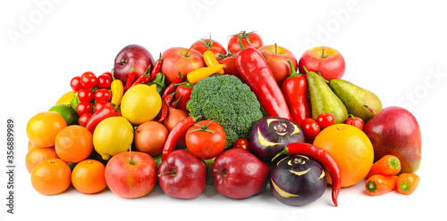 Delicious and healthy vegetables and fruits isolated on white