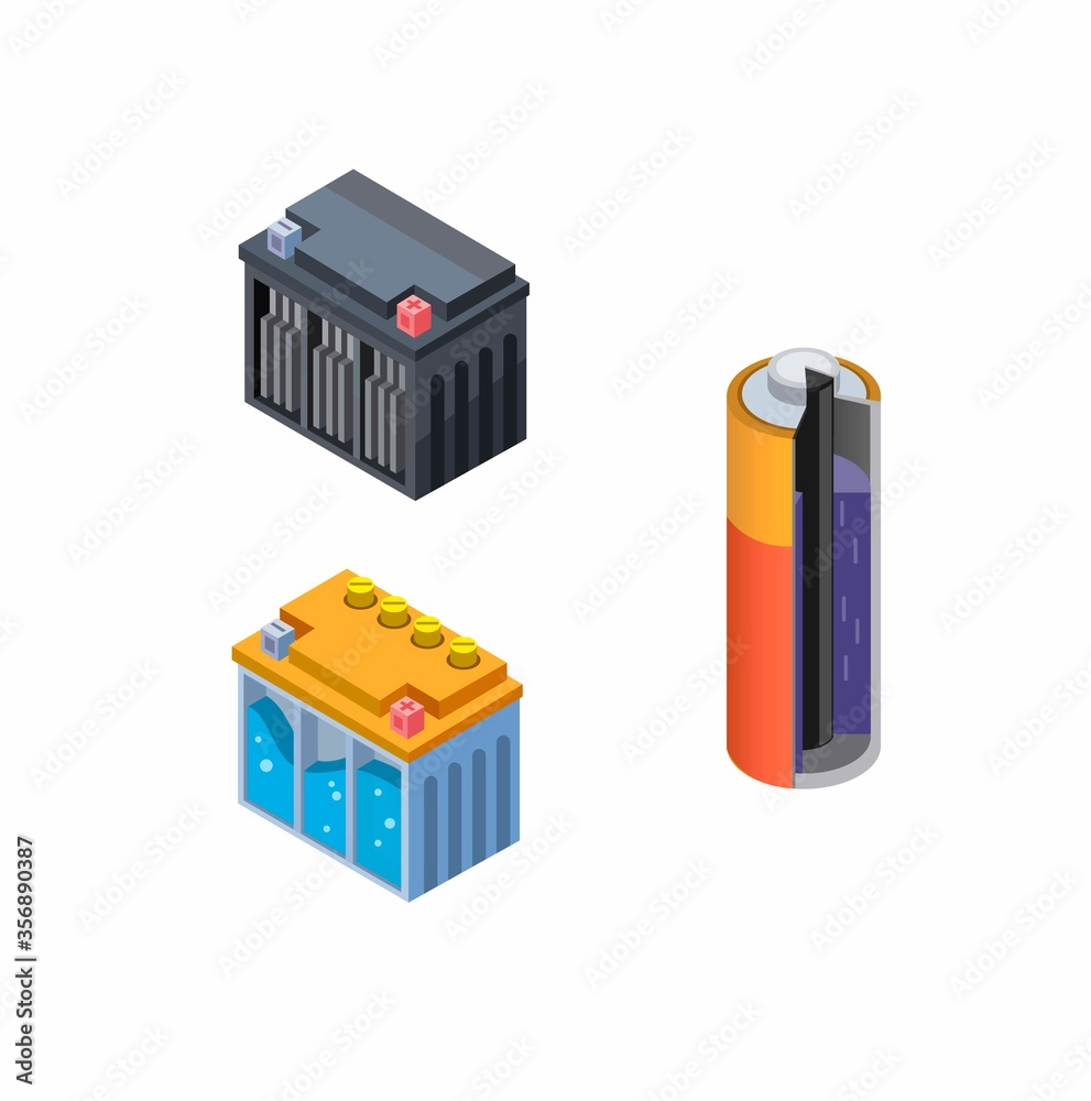 Battery Inside view in Dry Cell, Accu Wet and Dry Collection Icon Set. Concept in Isometric Cartoon Vector in white background Stock Vector | Stock