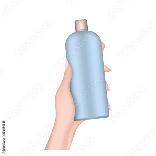 Hand holds a plastic bottle. Realistic female hand with a bottle. Good for shampoo or shower gel. Isolated. Vector.