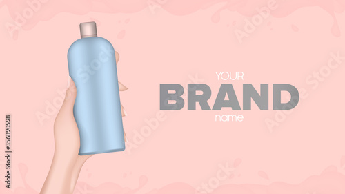 Hand holds a plastic bottle. Realistic female hand with a bottle. Good for shampoo or shower gel. Banner for advertising cosmetics. Vector.