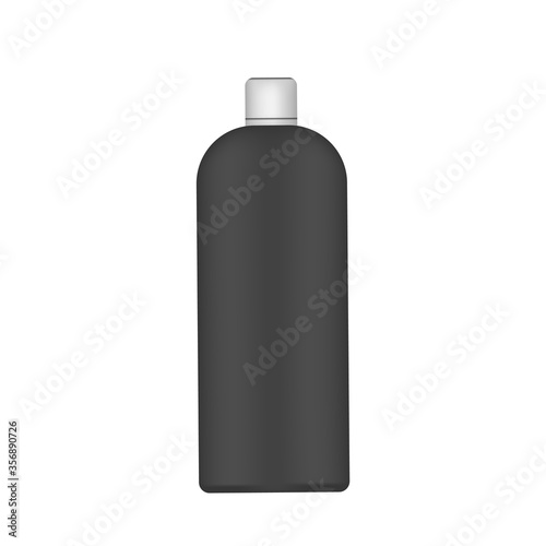 Black plastic bottle with a white cap. Realistic bottle. Good for shampoo or shower gel. Isolated. Vector.