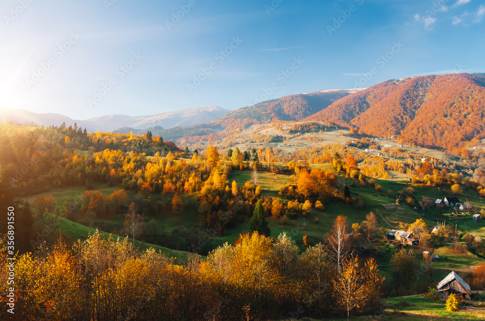 Beautiful view of the autumn valley of the countryside. Location place of Carpathian mountains, Ukraine, Europe.