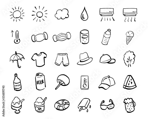 暑い夏をイメージするかき氷やエアコン等の手書きアイコン