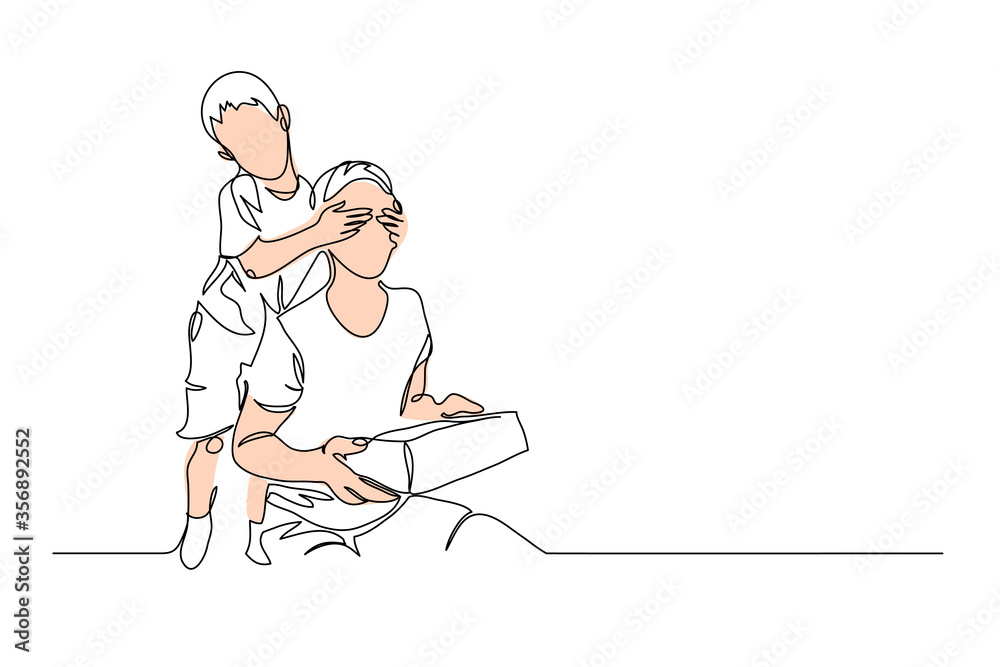 Son makes a gift or present to his father. One continuous line drawing banner, background, poster. Happy Father Day simple vector illustration of son and father.