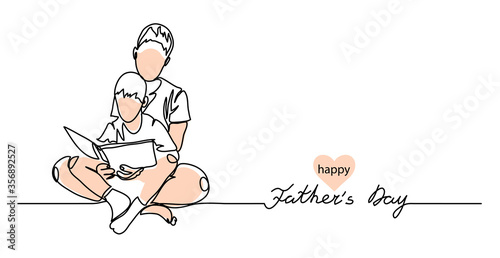 Happy Fathers day vector background, web banner, poster. Man and boy read a book together. One continuous line drawing banner with lettering Fathers day.