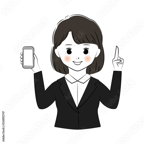 スマホを手に持ち、上を指さすスーツを着た女性のイラスト　(上半身)