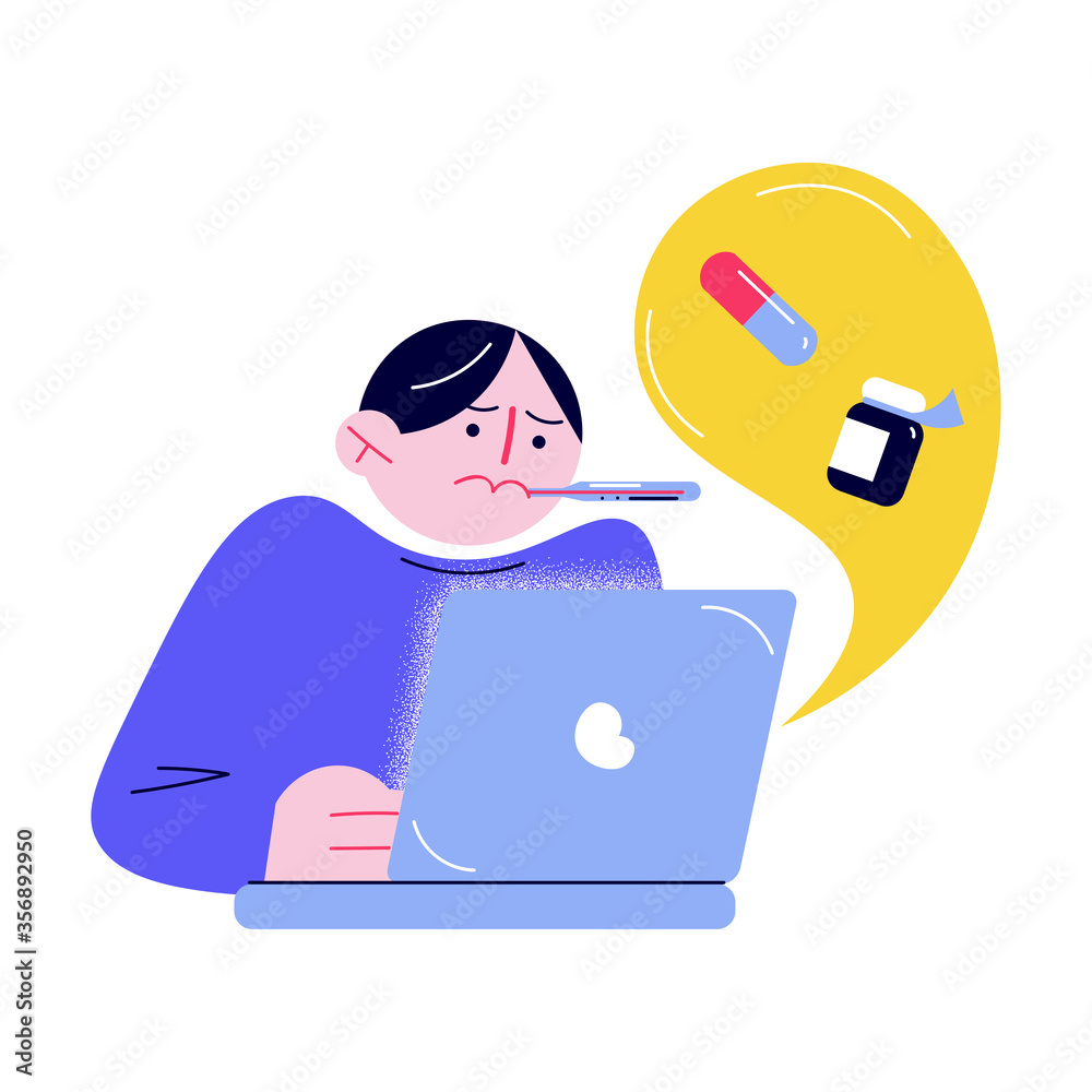 Sick man sitting at home with thermometer in mouth and getting online help Sick man sitting at home with thermometer in mouth and getting online help
