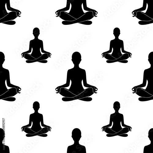 Yoga. Black and white seamless pattern. Illustration in flat style