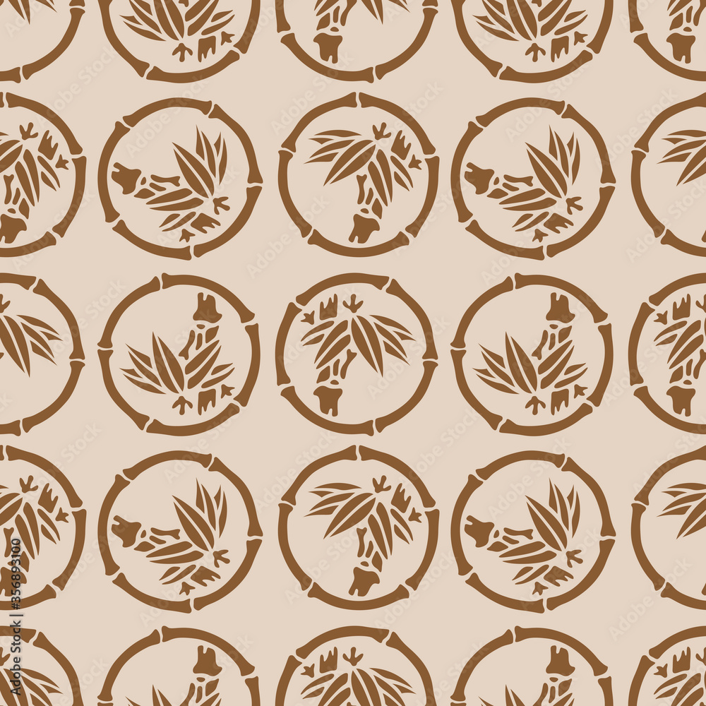 Japanese Brown Bamboo Leaf Circle Vector Seamless Pattern