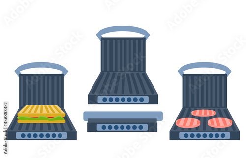 Electric grill a white background. Sandwich press  open, closed, empty and  with food. Equipment for the kitchen. Vector illustration in flat style. Kitchenware grill.