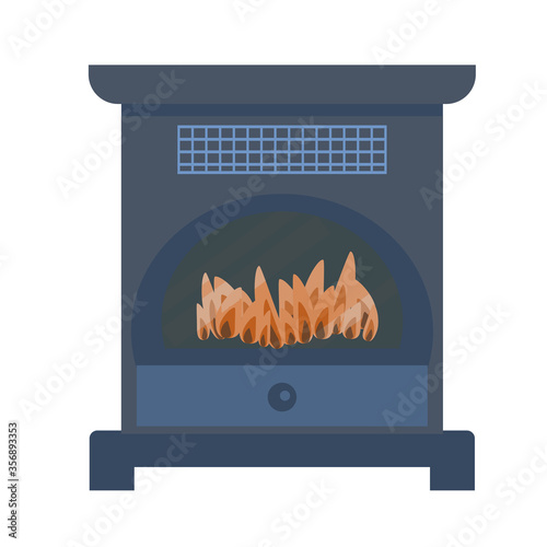 Electric fireplace Isolated on a white background. Fireplace House heating.Furnace turned on with fire inside. Heating system.Element of winter home interior scene. Vector illustration in flat style.