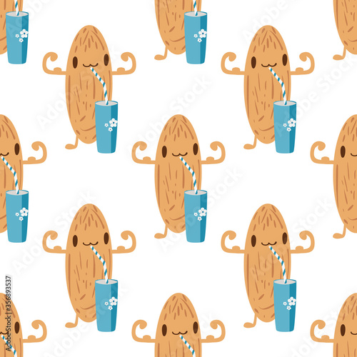 Kawaii almond milk vector seamless pattern background. Cute nut character drinking with straw and flexing muscles white backdrop. All over cartoon print for kids healthy dairy alternative concept
