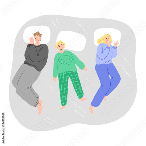 Family with child sleeping in one bed at home on grey linen