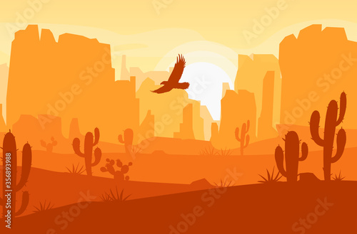 Vector desert landscape with mountains, cactus and eagle in the sky. Wild West Texas in flat cartoon style. Silhouette vector illustration.