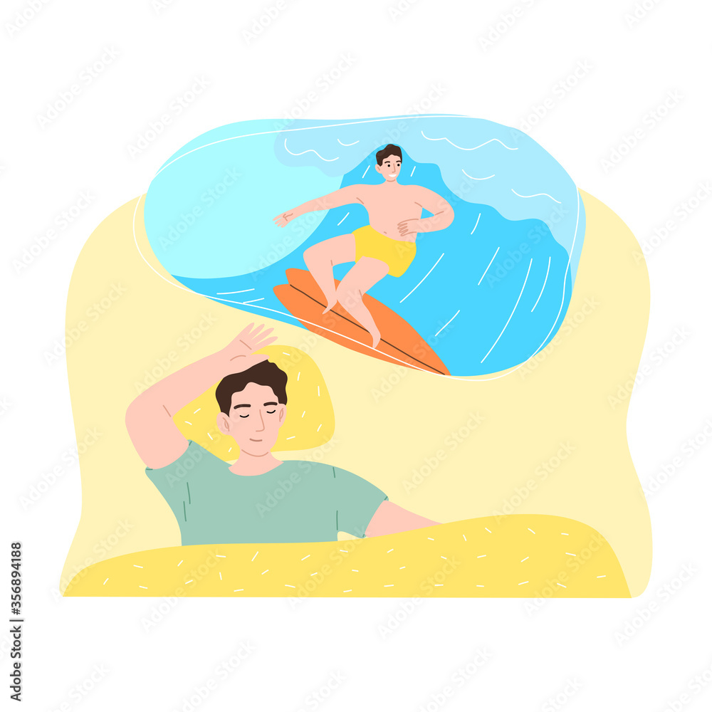 Fototapeta premium Boy slepping and seing himself watersurfing on waves in night dream