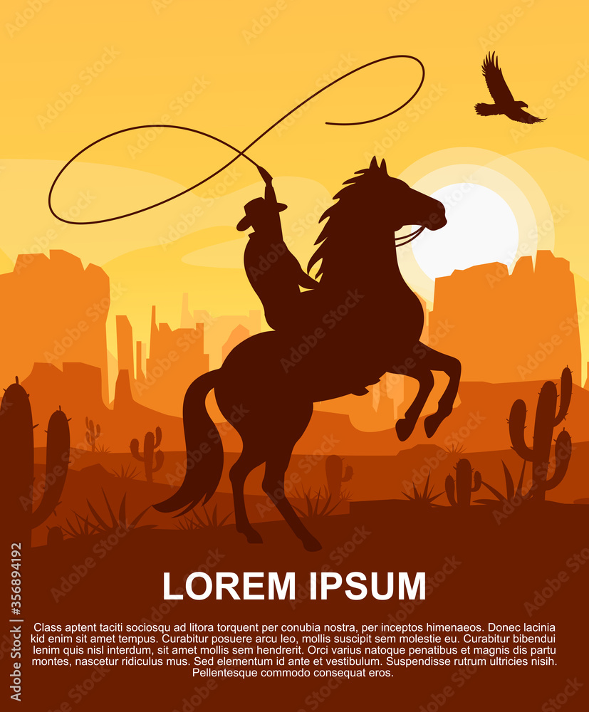 Wild West Texas poster with desert landscape, cowboy on horse ...
