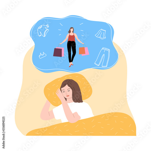 Girl slepping and seing herself shopping in night dream photo