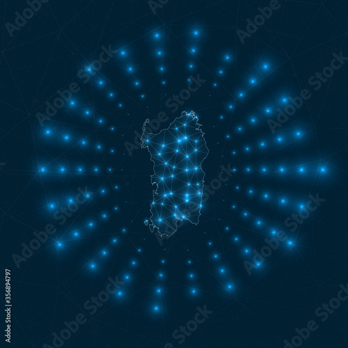 Sardinia digital map. Glowing rays radiating from the island. Network connections and telecommunication design. Vector illustration. © Eugene Ga