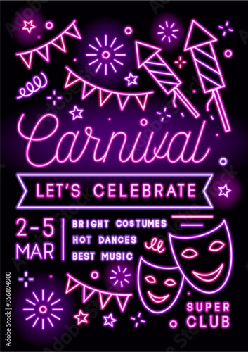 Colorful carnival party promo poster vector flat illustration. Bright flyer or invitation template with glowing neon lines on black background. Announcement with fireworks, masks and place for text