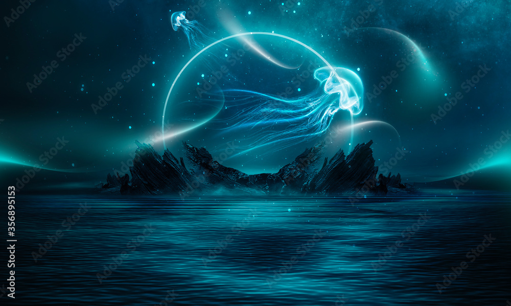 Night fantasy natural landscape with mountains and ocean. Night sky, stars and silhouettes of neon jellyfish. Dark futuristic landscape in blue neon light. - obrazy, fototapety, plakaty 