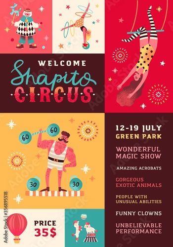 Shapito circus performance promo poster vector flat illustration. Funny clown, strongman, acrobats, trained animals, trapeze artist, and hooper performing show. Announcement with place for text