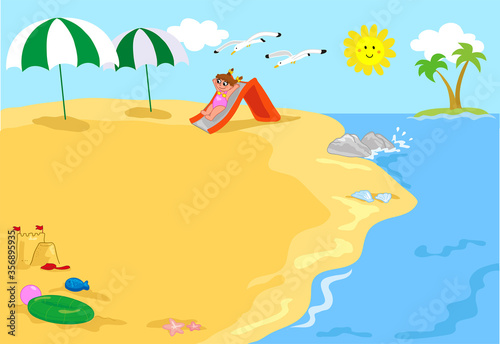 Child happily playing on the beach, vector illustration scenery