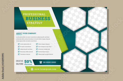 Business template vector design for Brochure, Annual Report, Web design Poster, Corporate Presentation, Flyer, layout modern with green color size horizontal, Easy to use and edit. hexagon photo