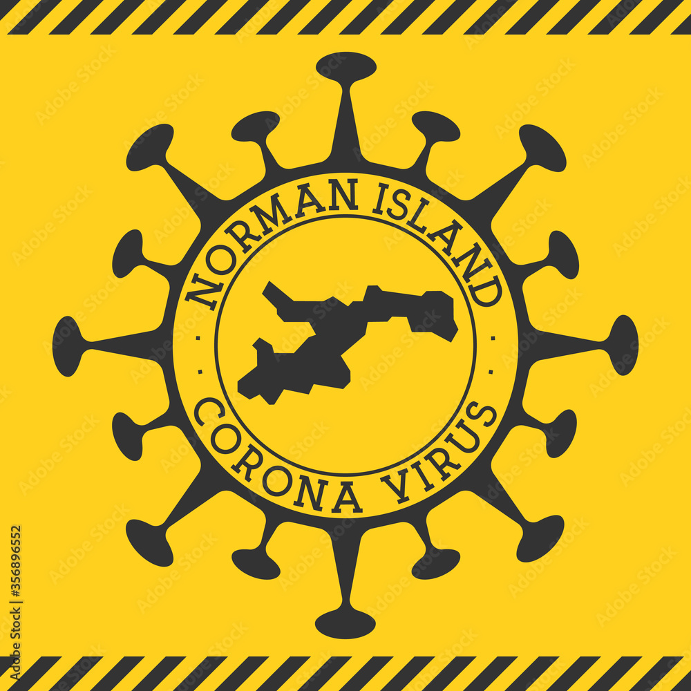 Corona virus in Norman Island sign. Round badge with shape of virus and Norman Island map. Yellow island epidemy lock down stamp. Vector illustration.