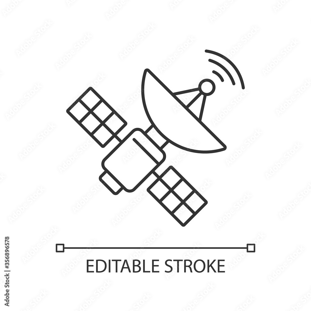 Space satellite pixel perfect linear icon. Cosmos exploration thin line customizable illustration. Contour symbol. Orbital sputnik transmitting data vector isolated outline drawing. Editable stroke