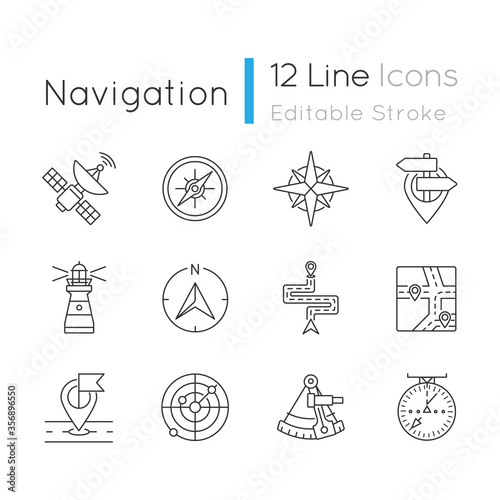 Navigation pixel perfect linear icons set. Land, marine and aeronautical navigating customizable thin line contour symbols. Positioning signs. Isolated vector outline illustrations. Editable stroke