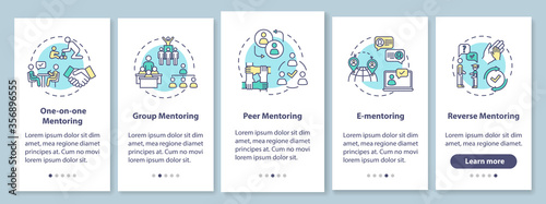 Types of mentoring onboarding mobile app page screen with concepts. Group and peer to peer teaching walkthrough 5 steps graphic instructions. UI vector template with RGB color illustrations