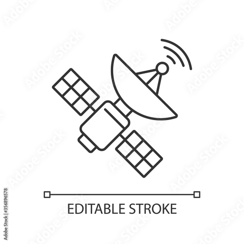 Space satellite pixel perfect linear icon. Cosmos exploration thin line customizable illustration. Contour symbol. Orbital sputnik transmitting data vector isolated outline drawing. Editable stroke