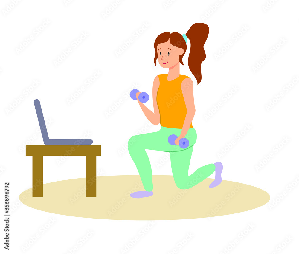 vector illustration of a girl training with dumbbells online vector illustration of a girl training with dumbbells online