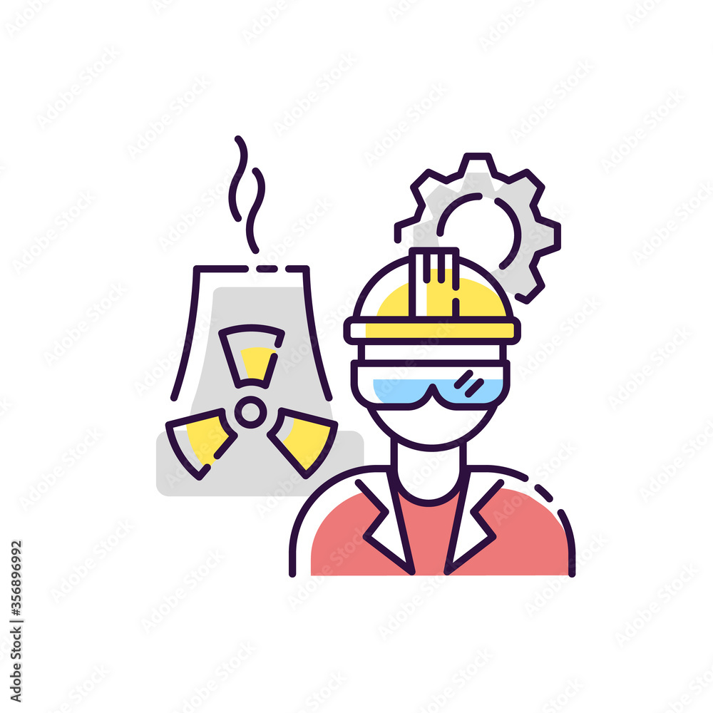 Nuclear engineer RGB color icon. Heavy production on industrial factory. Employee for distillery work. Petrochemical specialist. Chemical facility worker. Isolated vector illustration