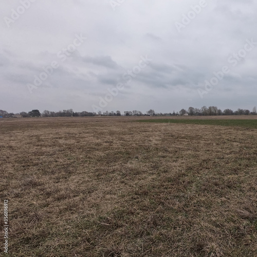 Cloudy spring evening. Cloudy countryside landscape. Wilted field grass.