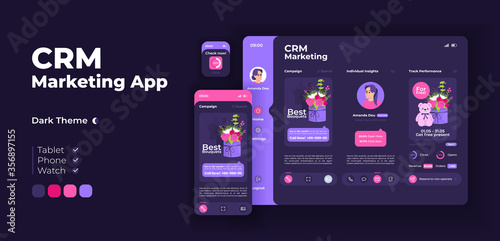 Online marketing service app screen vector adaptive design template. Engagement analysis. CRM application night mode interface with flat characters. Smartphone, tablet, smart watch cartoon UI