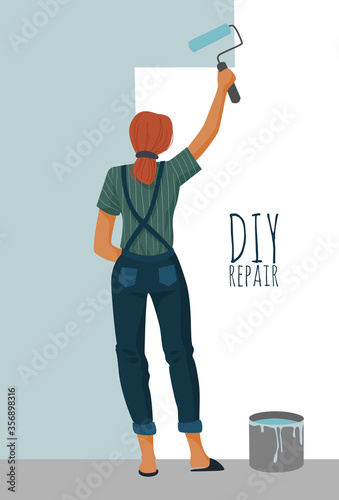 DIY repair. Woman painting a wall with a paint roller. Cute vector illustration.