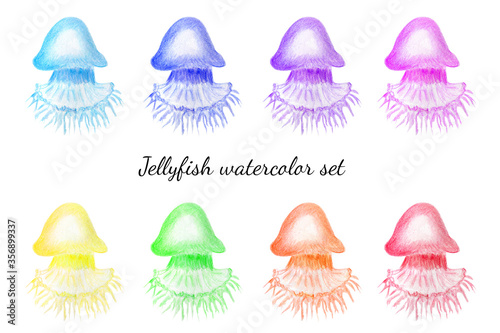 Collection of colorful toxic jellyfish ocean animals with tentacles. Watercolor hand drawn illustration in realistic style. Concept of exotic sea creatures, luminescent, translusent, underwater Summer