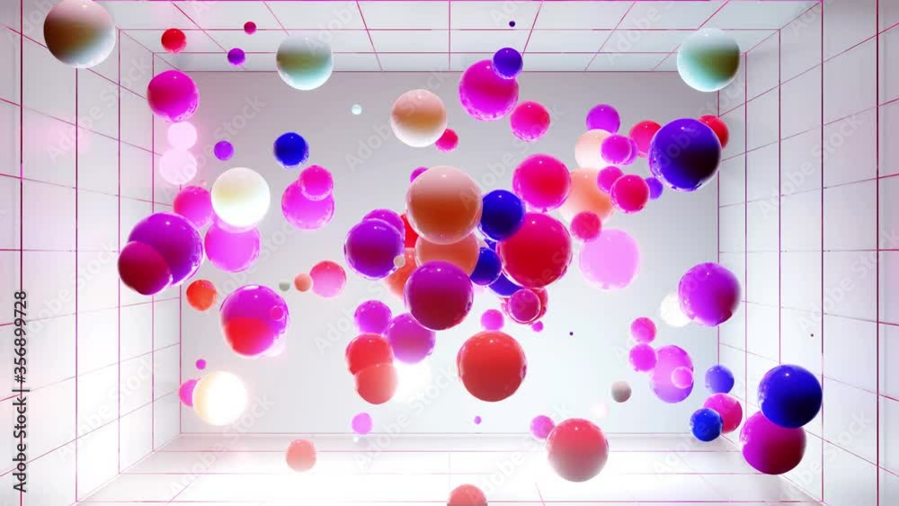Abstract composition of colorful balls in air, which randomly light up and reflect in each other. Multicolored spheres in air as simple geometric light background with light effects in ligth room