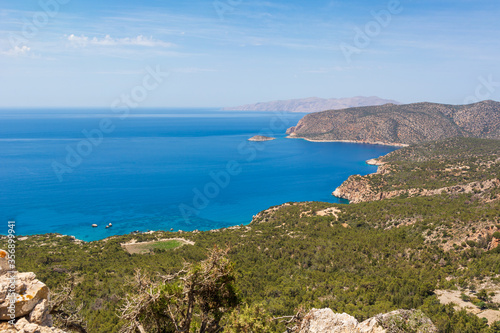 View of sea coast from Monolithos castle. The west side of Rhodes island.Greece.